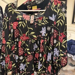 Dolan Black Floral Blouse with Red and Green Accents